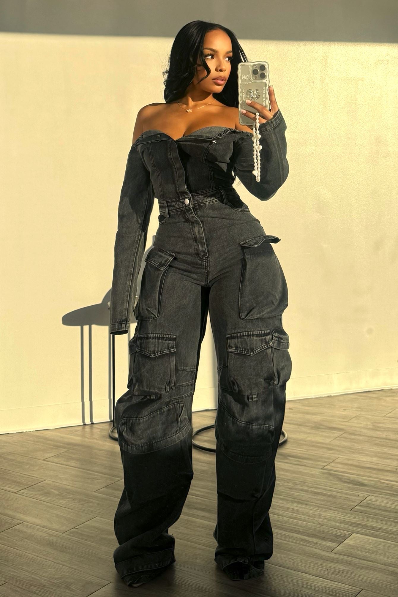 Ultimate Denim Off Shoulder Jumpsuit Rompers + Jumpsuits EDGE
