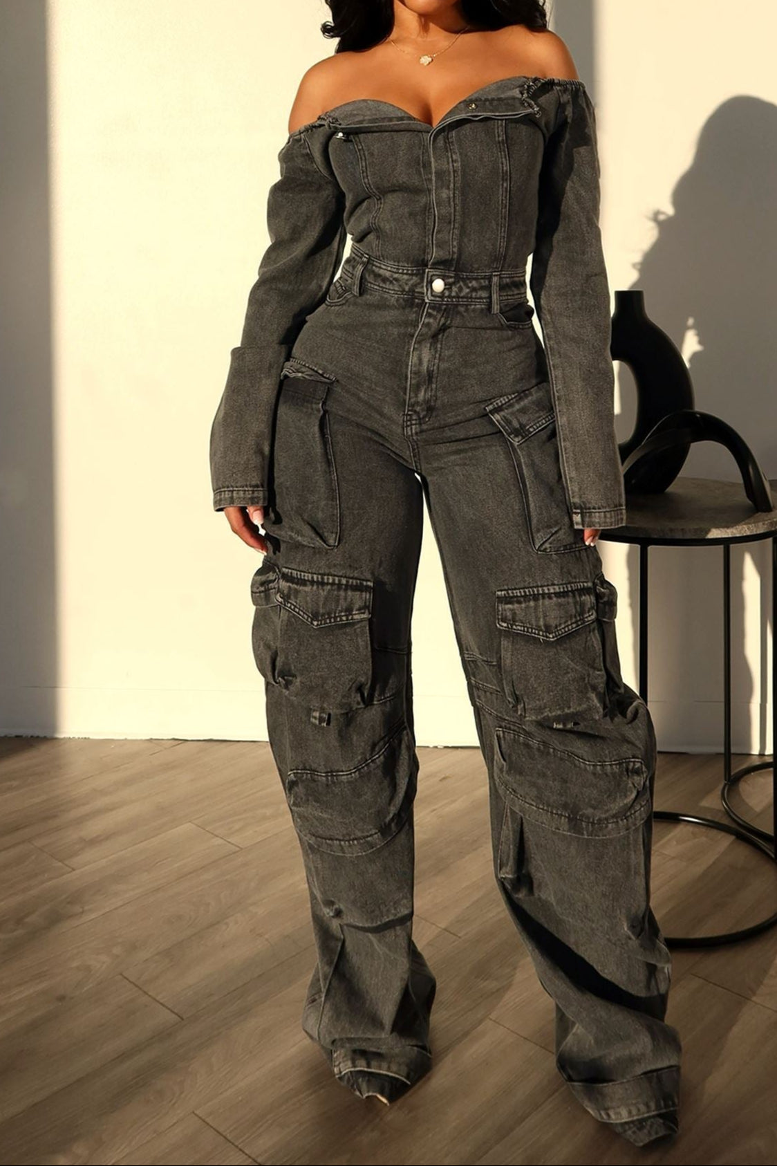 Ultimate Denim Off Shoulder Jumpsuit Rompers + Jumpsuits EDGE Small Black Denim