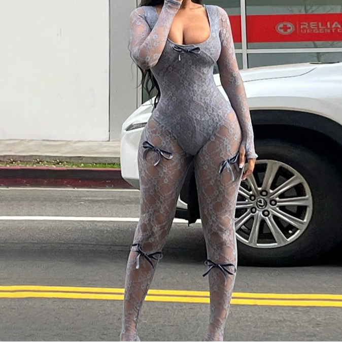 Transparent Hollow Jacquard Lace Jumpsuit