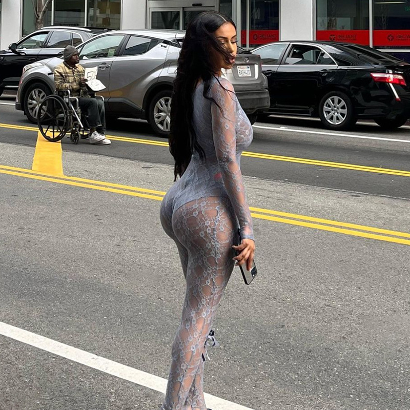 Transparent Hollow Jacquard Lace Jumpsuit