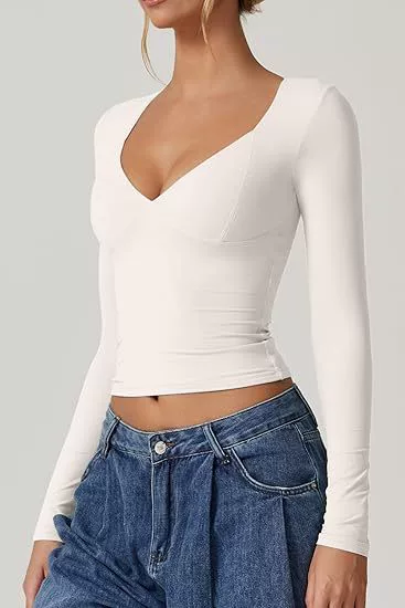Women's Long Sleeve V Neck Cropped T-Shirt