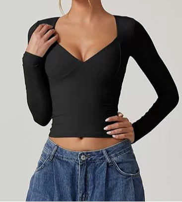 Women's Long Sleeve V Neck Cropped T-Shirt