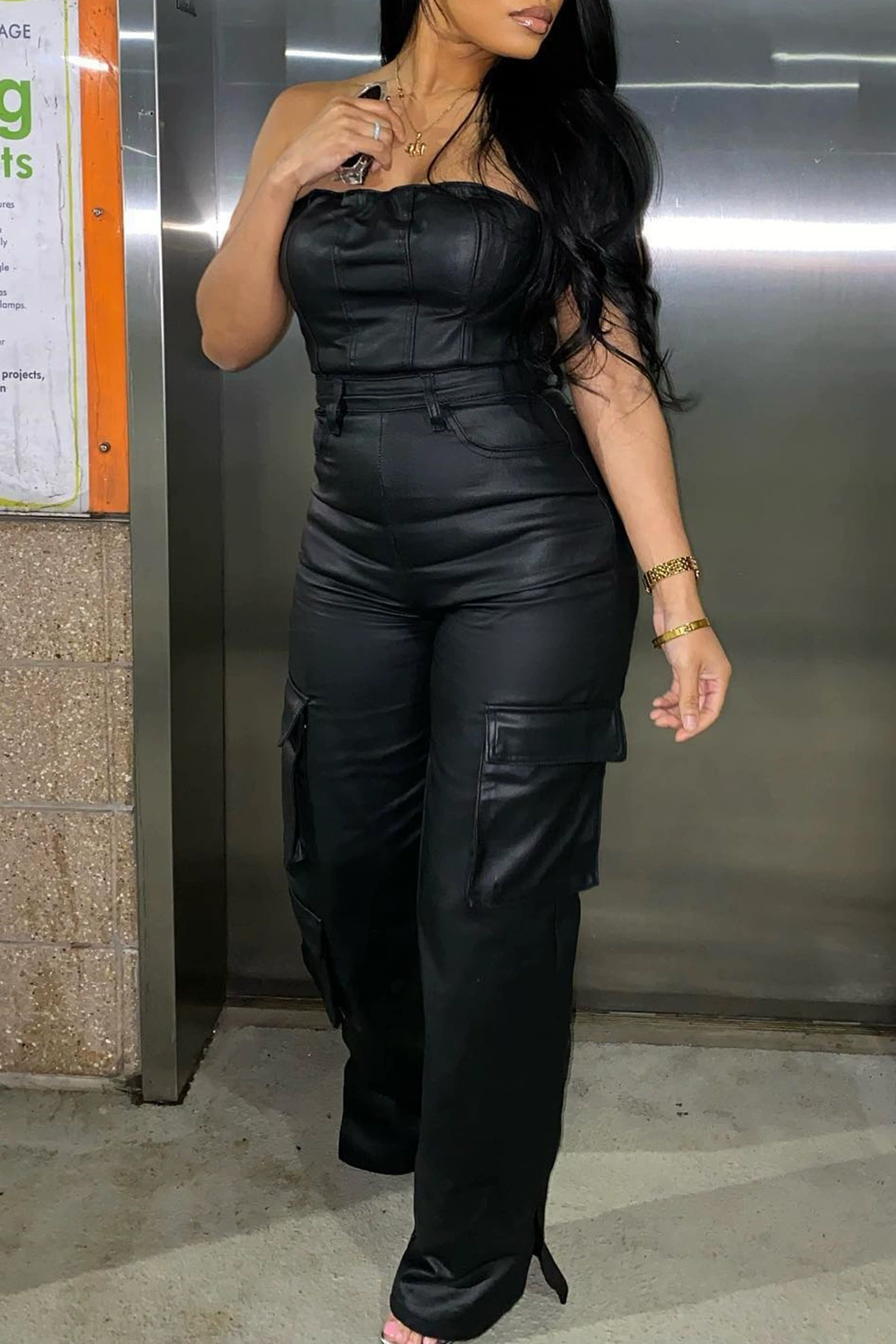 Off-the-shoulder Tube Top PU Leather Jumpsuit