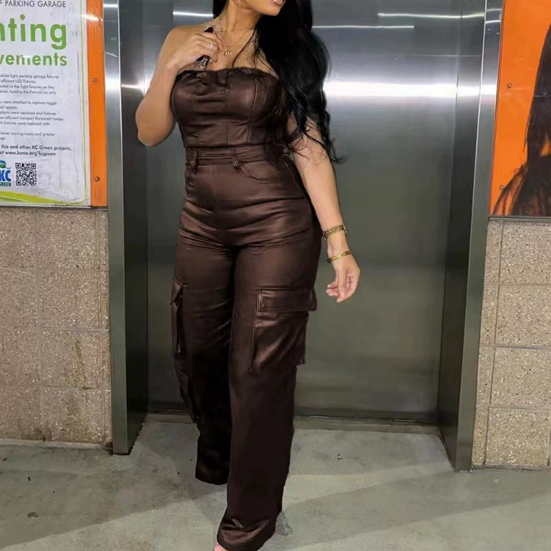 Off-the-shoulder Tube Top PU Leather Jumpsuit