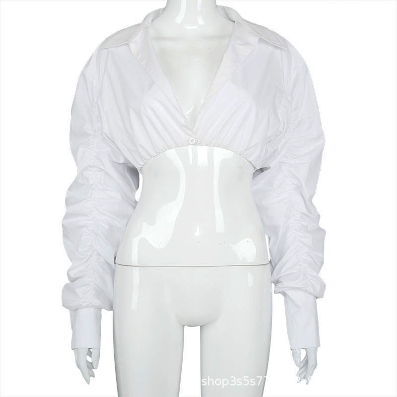 Deep V Puff Sleeve Tricolor Shirt