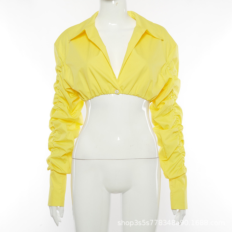 Deep V Puff Sleeve Tricolor Shirt
