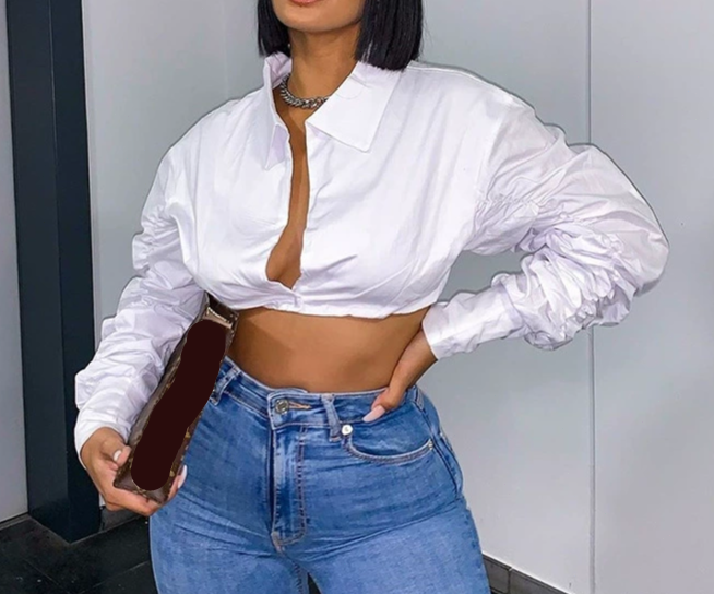 Deep V Puff Sleeve Tricolor Shirt