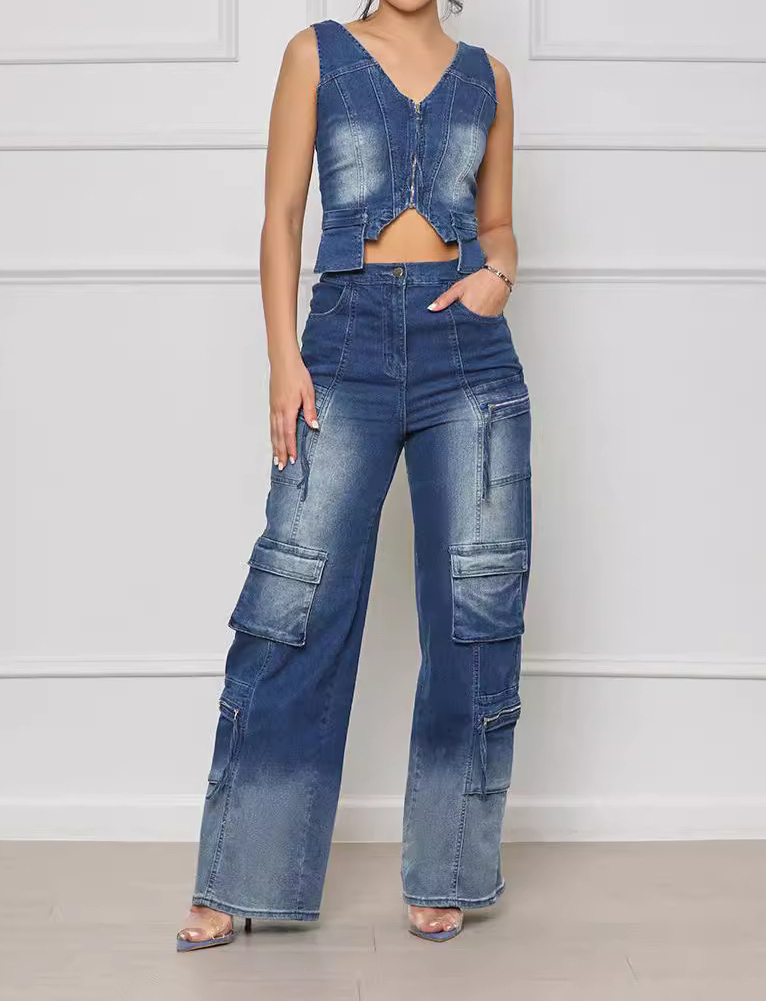 Vintage Vest Top & Cargo Wide-Leg Pants Set