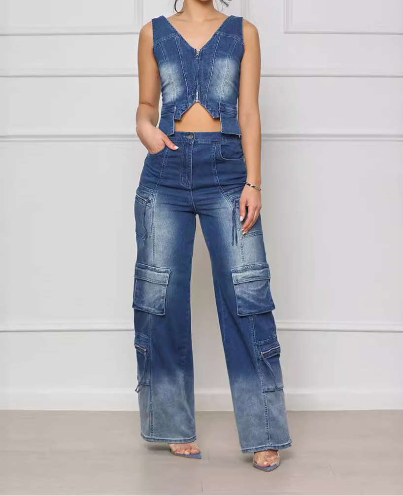 Vintage Vest Top & Cargo Wide-Leg Pants Set