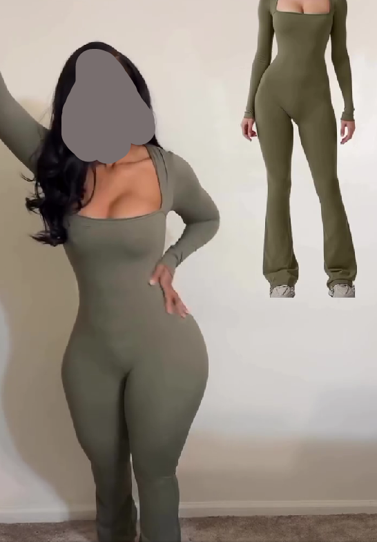 Square Neck Solid Color Long Sleeve Sports Jumpsuit
