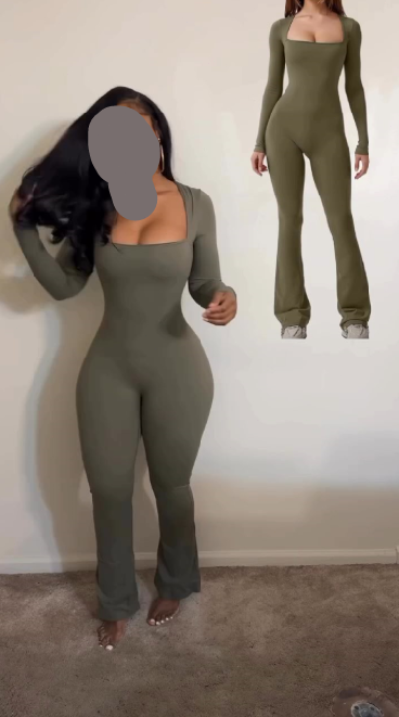 Square Neck Solid Color Long Sleeve Sports Jumpsuit