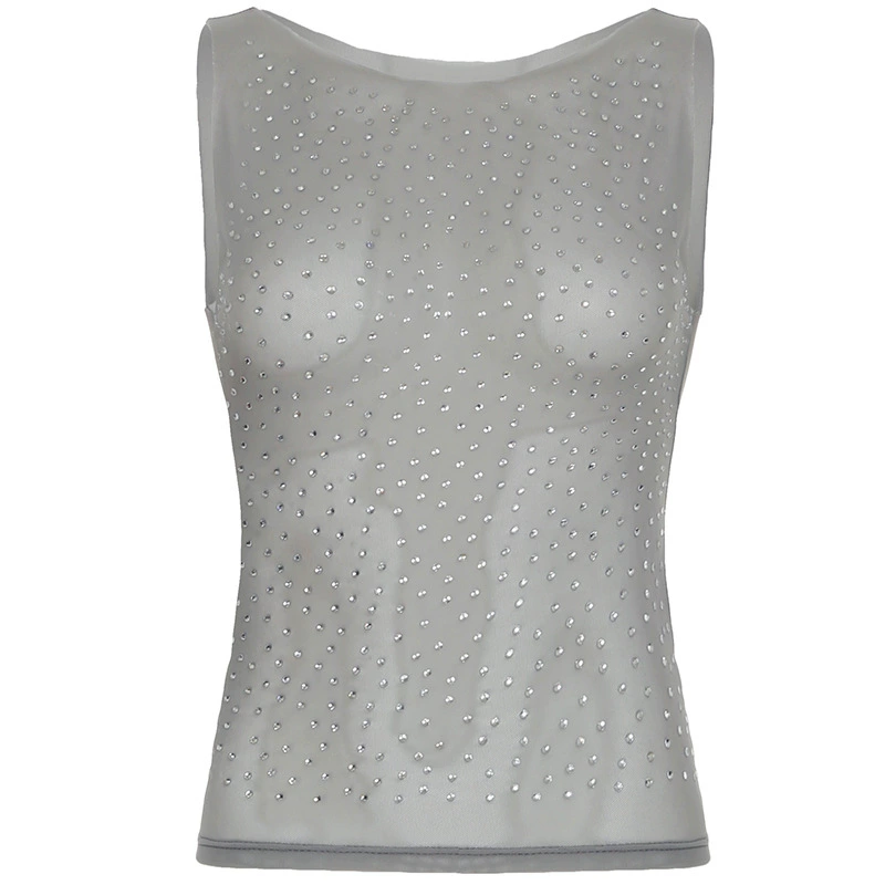 Sexy See-Through Mesh Vest With Hot Diamonds