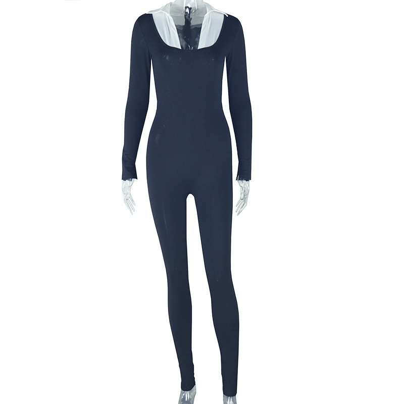 Zippered Long-Sleeved White U-Neck Jumpsuit