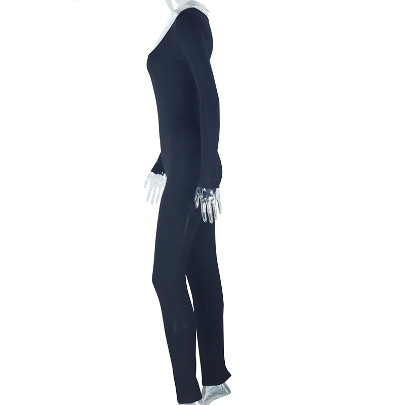 Zippered Long-Sleeved White U-Neck Jumpsuit