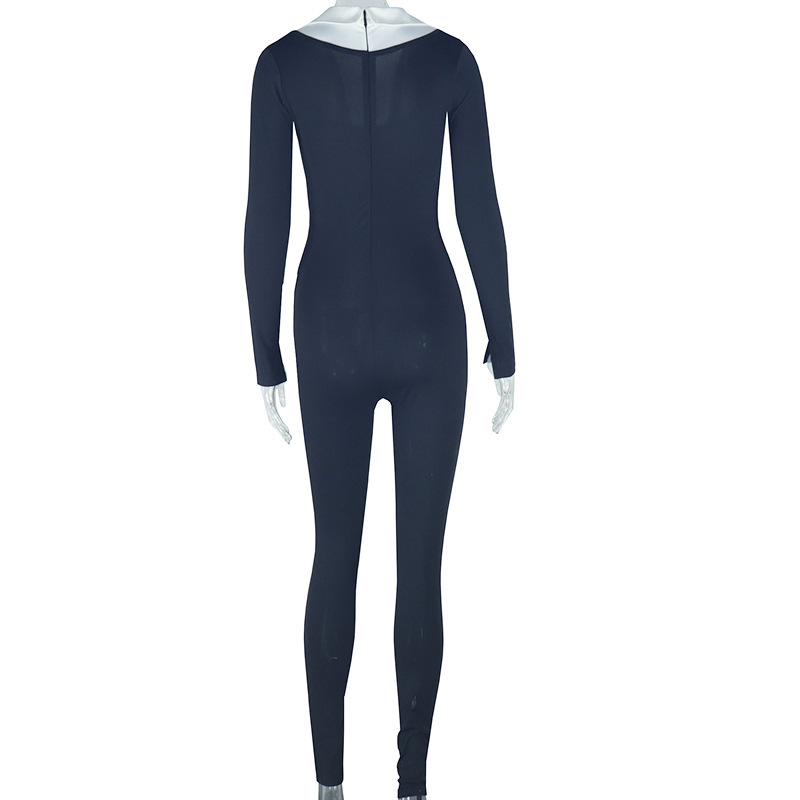 Zippered Long-Sleeved White U-Neck Jumpsuit