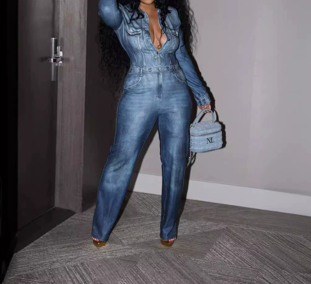 Faux Denim Print Jumpsuit