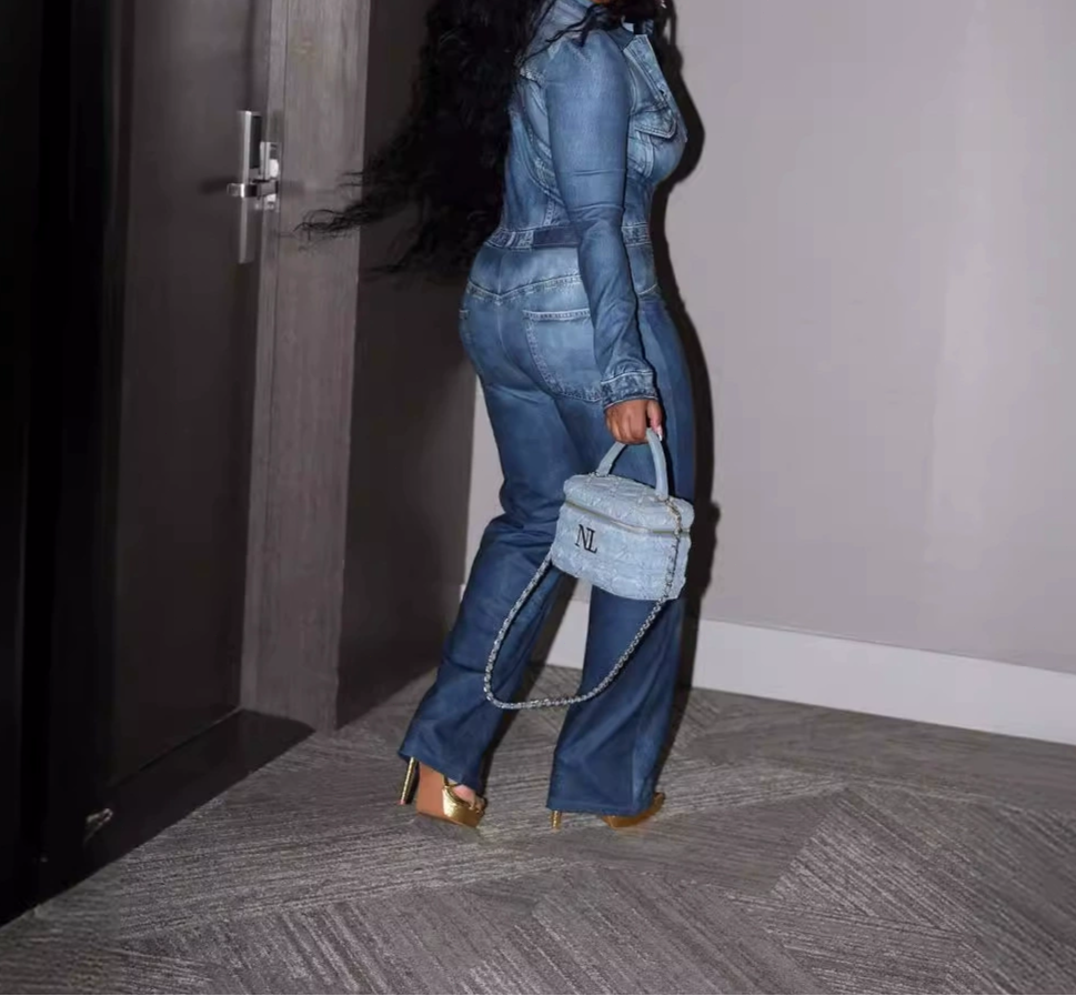Faux Denim Print Jumpsuit