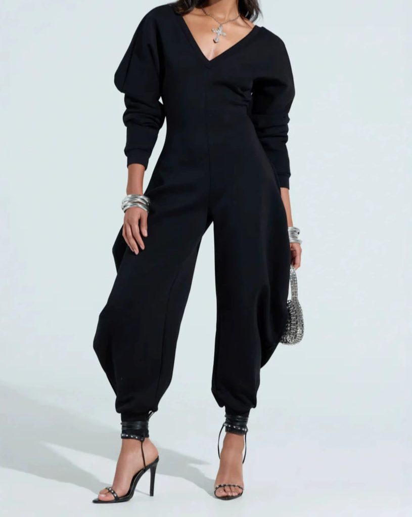Deep V Neck Long Sleeve Shapely Jumpsuit