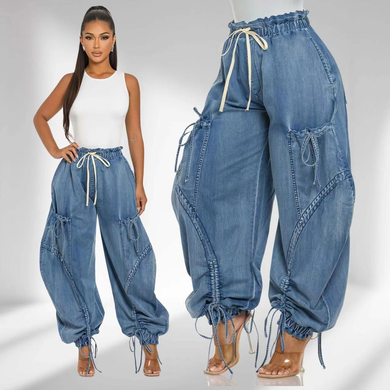 Elastic Waist Drawstring Jeans With Bow Tie
