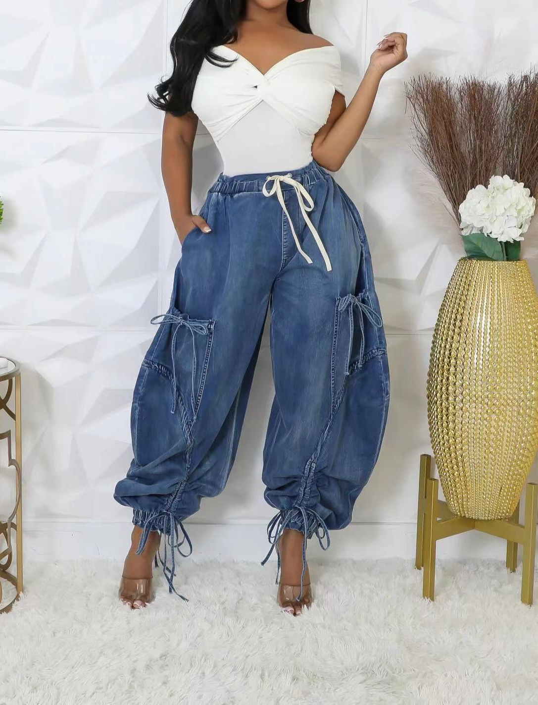 Elastic Waist Drawstring Jeans With Bow Tie