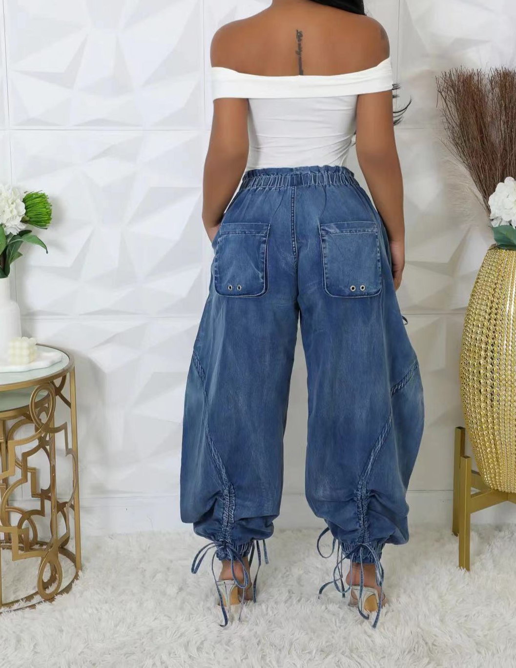 Elastic Waist Drawstring Jeans With Bow Tie
