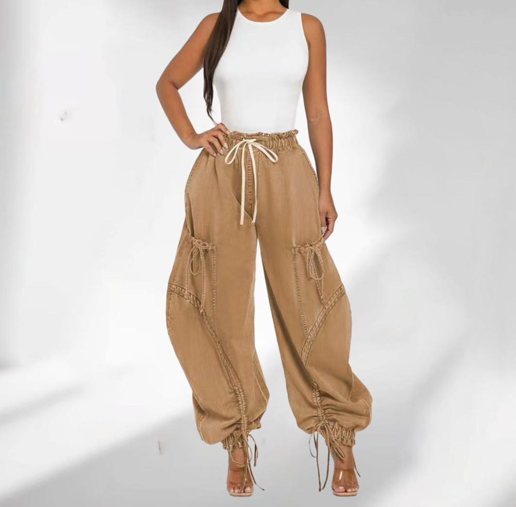 Elastic Waist Drawstring Jeans With Bow Tie