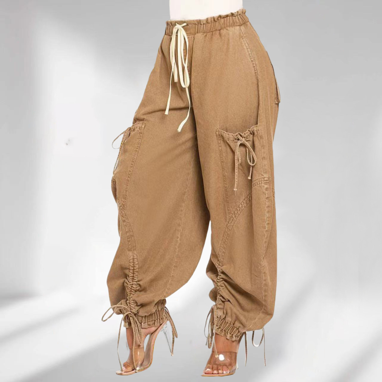 Elastic Waist Drawstring Jeans With Bow Tie