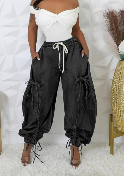 Elastic Waist Drawstring Jeans With Bow Tie