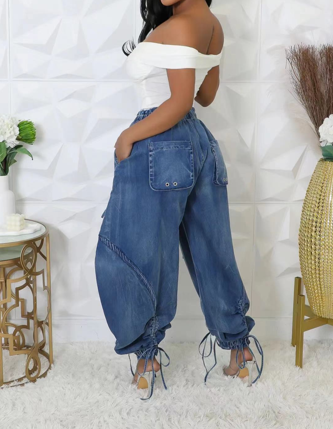 Elastic Waist Drawstring Jeans With Bow Tie