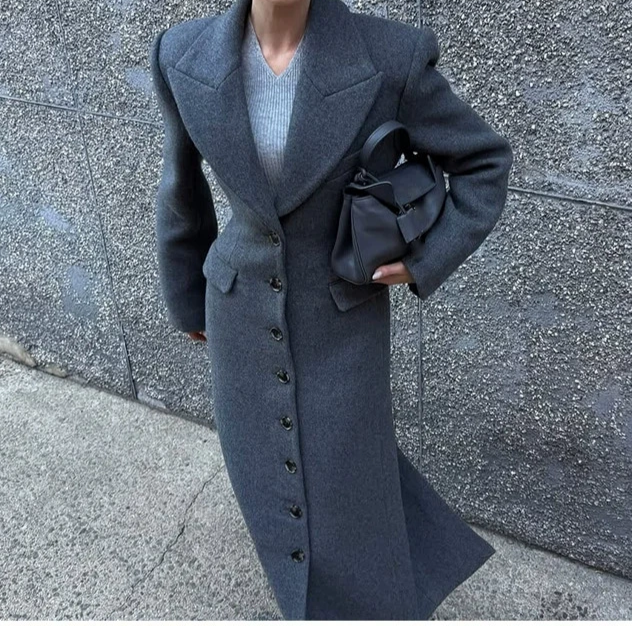 Lapel Single-Breasted High-Waist Long Woolen Coat
