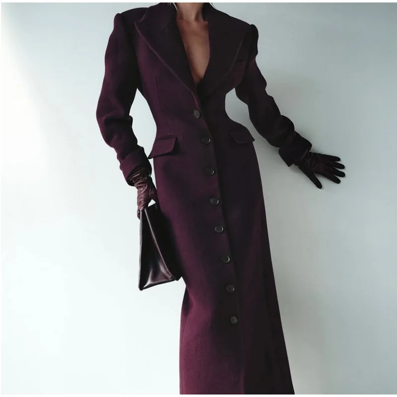 Lapel Single-Breasted High-Waist Long Woolen Coat