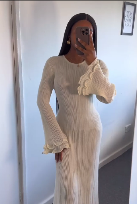 Double-Layer Flared Sleeve Pearl Dress