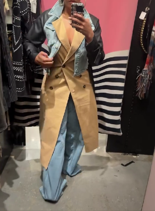Denim Leather Mixed Media Trench