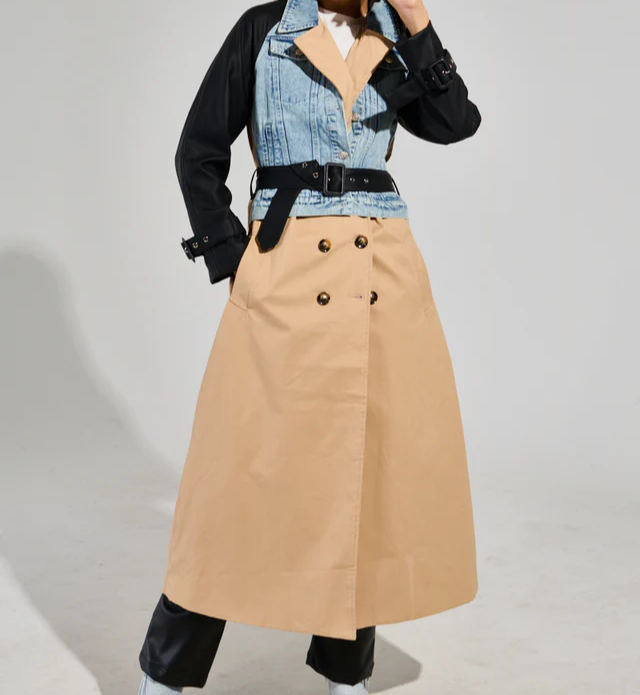 Denim Leather Mixed Media Trench