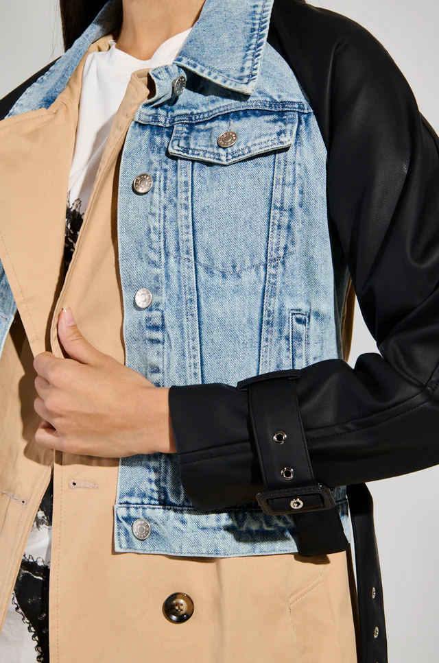 Denim Leather Mixed Media Trench