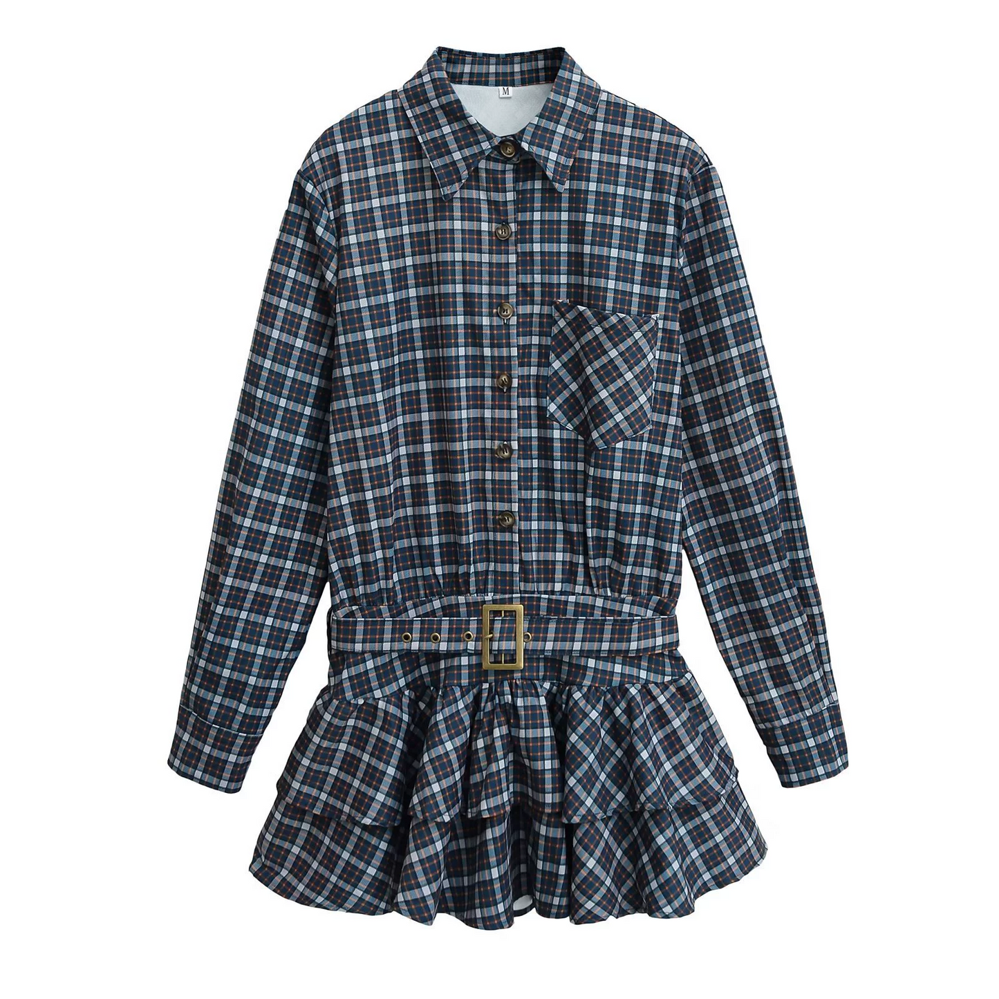 Plaid Layered Ruffle Long Sleeve Short Dress