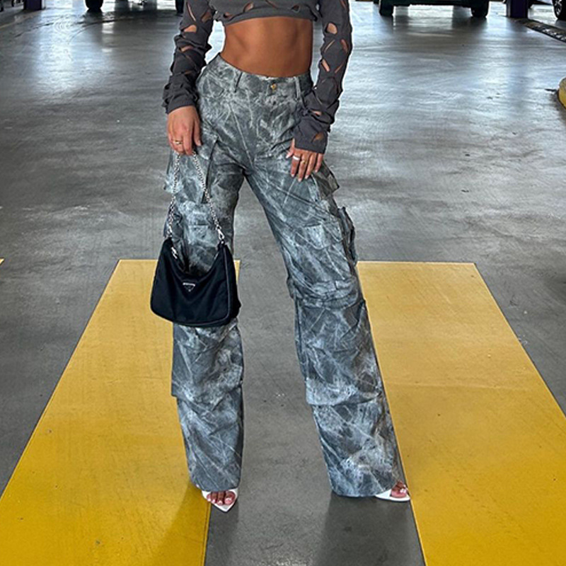 Cargo Pocket Loose Wide-Leg Camouflage Pants