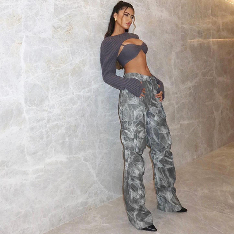 Cargo Pocket Loose Wide-Leg Camouflage Pants