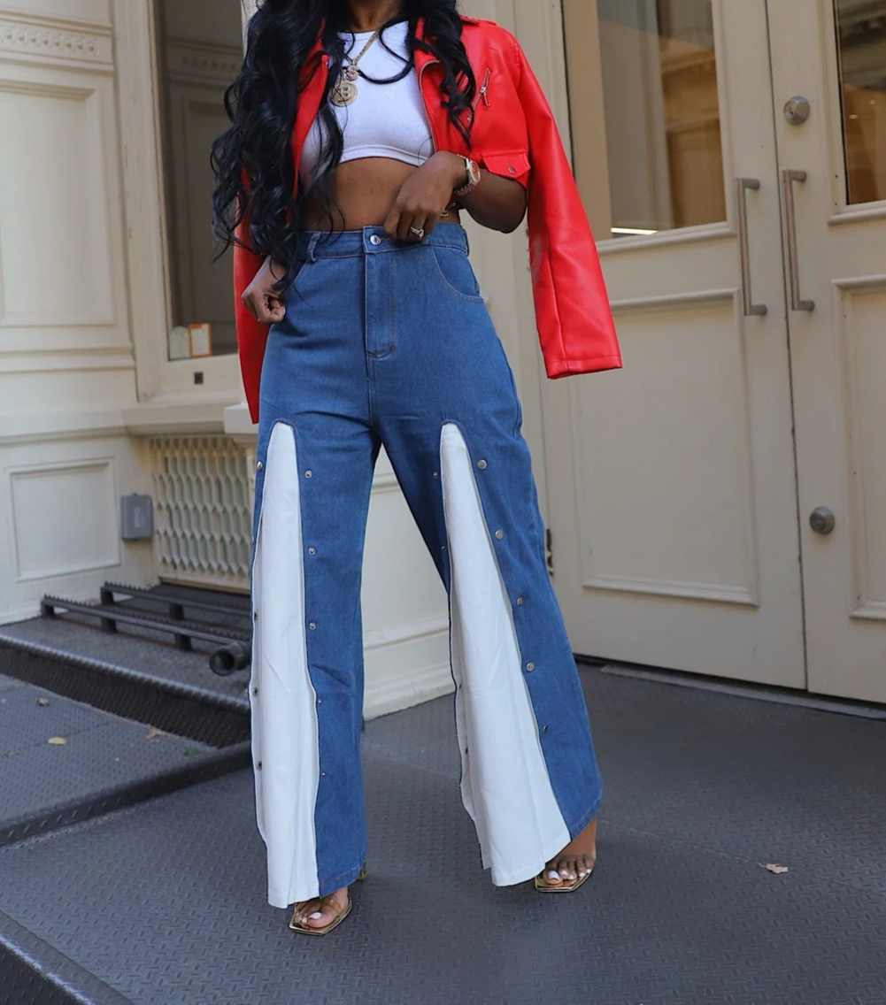 Concealed Button Patchwork Jeans