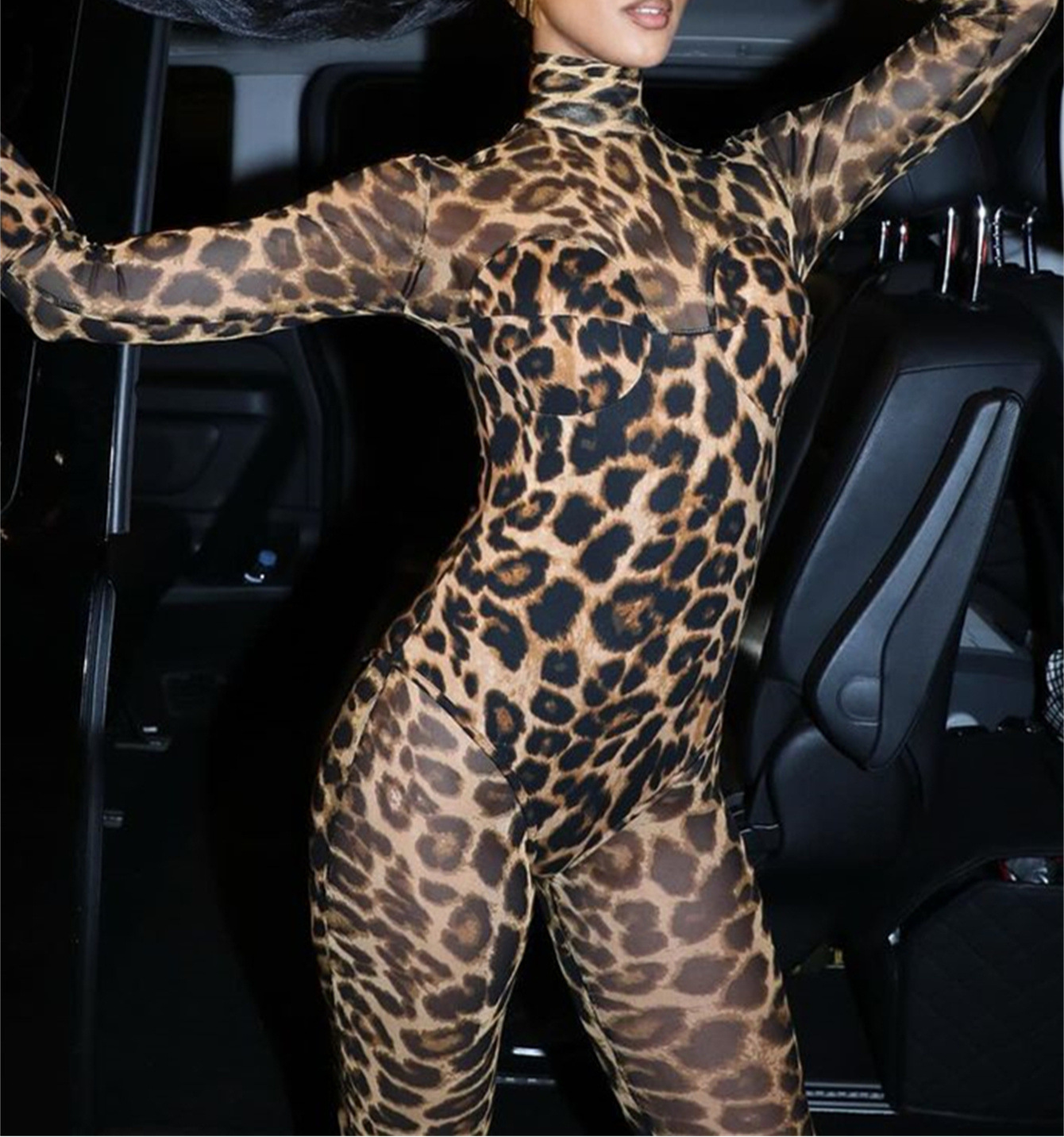 Mesh See-Through Leopard Print Bodysuit