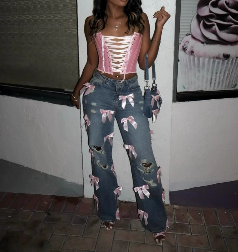 Y2K Street Hottie Bow Washed Ripped Jeans