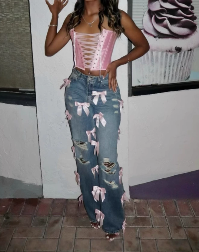 Y2K Street Hottie Bow Washed Ripped Jeans