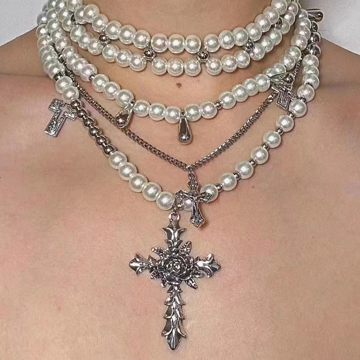 Gothic Layered Pearl Stacking Necklace