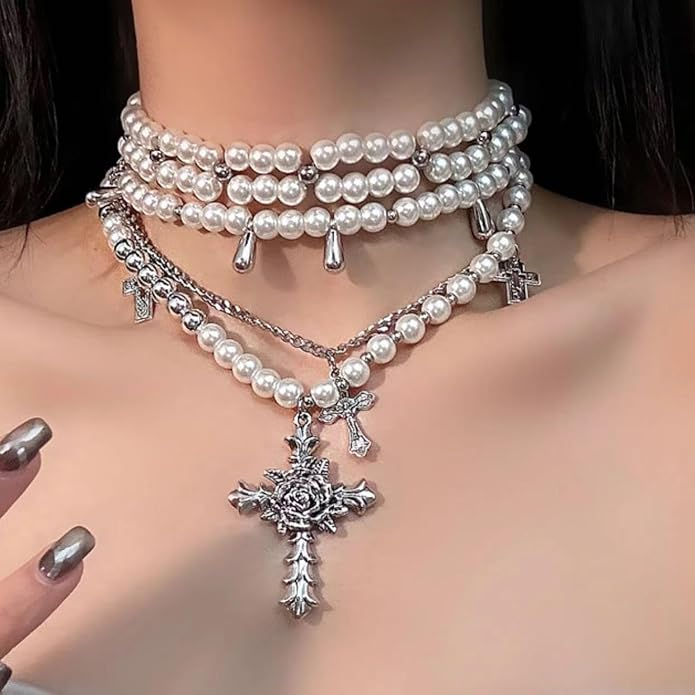 Gothic Layered Pearl Stacking Necklace