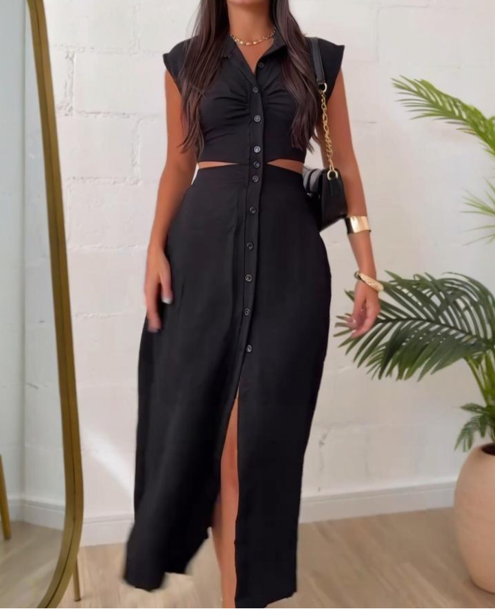 Button Slit Slim Commuter Dress