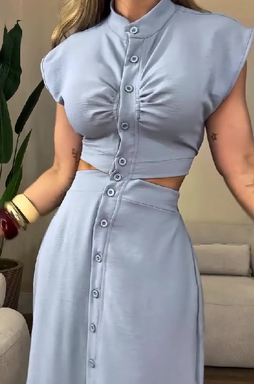 Button Slit Slim Commuter Dress