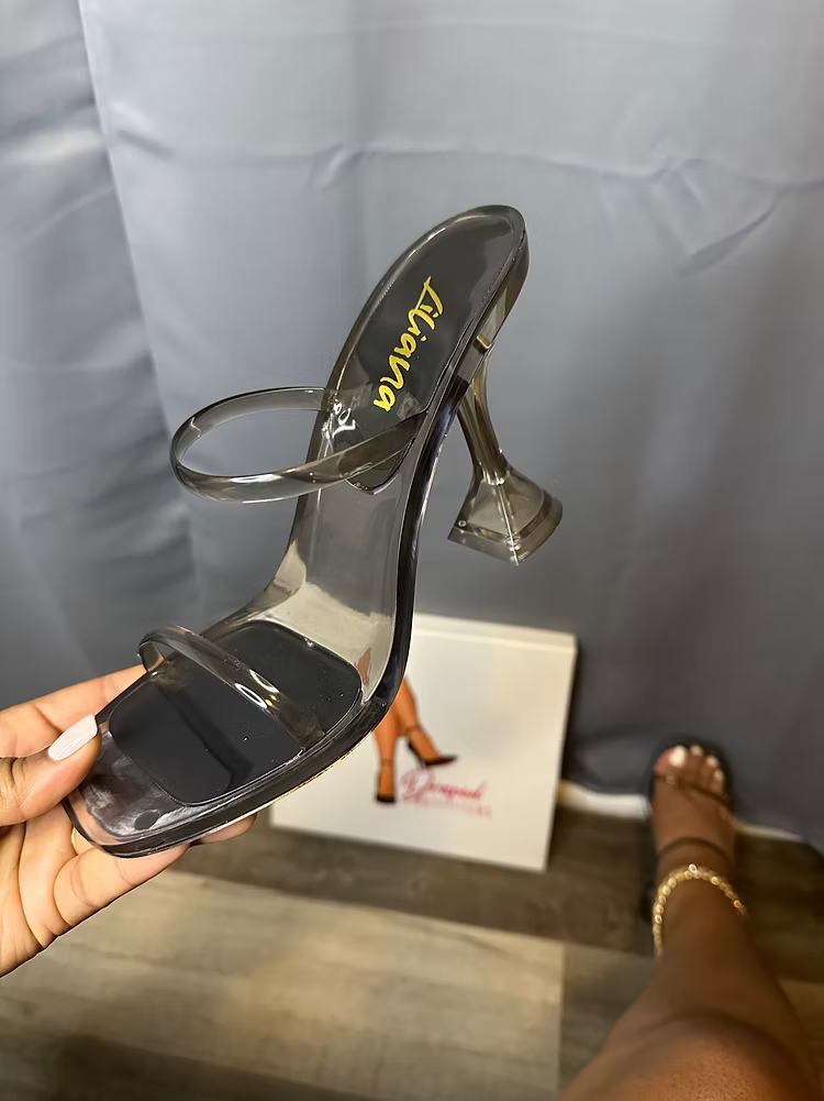 Black Jelly Strapped Bell Bottom Heeled Sandal