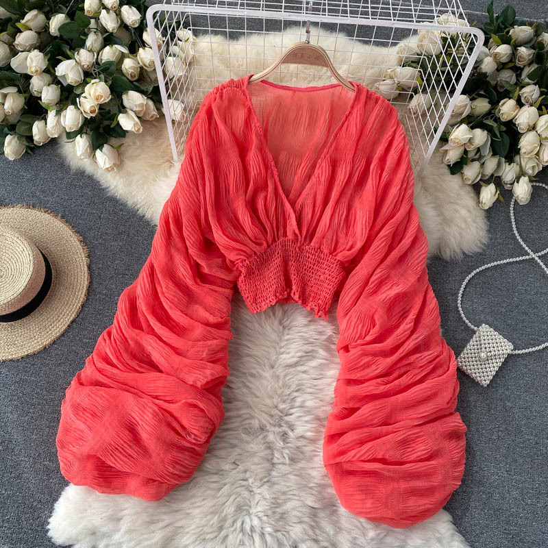 Pleated Trumpet Sleeve Top Versatile Chiffon Shirt
