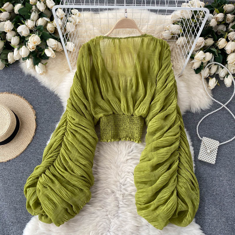 Pleated Trumpet Sleeve Top Versatile Chiffon Shirt