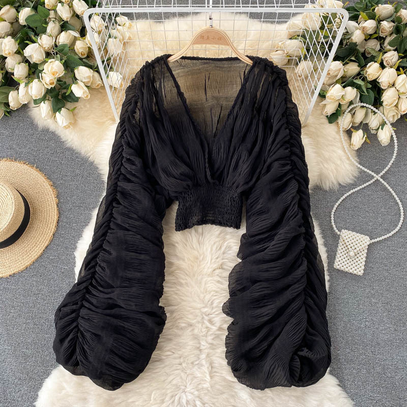 Pleated Trumpet Sleeve Top Versatile Chiffon Shirt